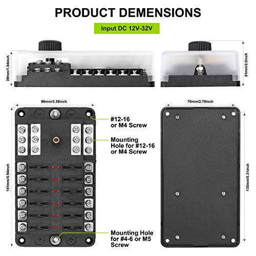 Extractme Upgraded 12 Way Fuse Block Box With Thumbscrew And Led Indicator, 12 Circuit Blade Fuse Box Holder W/Negative Bus Damp-Proof Cover Label Sticker For 12V/24V Auto Car Rv Marine Boat And Yacht #TOP4