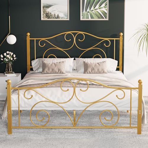 Image of VECELO Full Size Bed Frame with Headboard and Footboard, Heavy Duty Metal Slat Support, Platform Mattress Foundation, No Box Spring Needed, Easy Assembly, Gold
