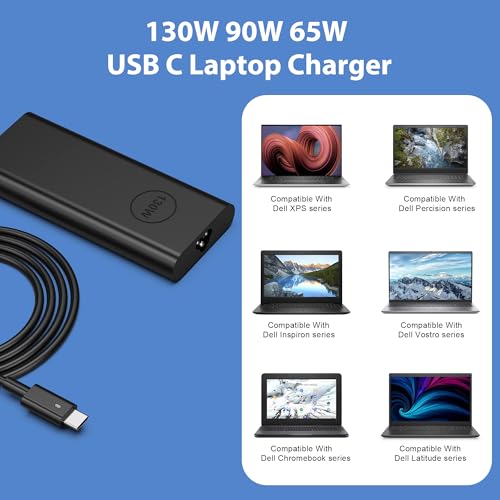 Image of 130W USB C Laptop Charger Compatible with Dell XPS 15 17 2in1 9575 9500 9700 Latitude 5280 5420 7210 7410 7480 Precision 5530 2in1 5550 5750 3560 DA130PM170 Power Adapter Cord Supply