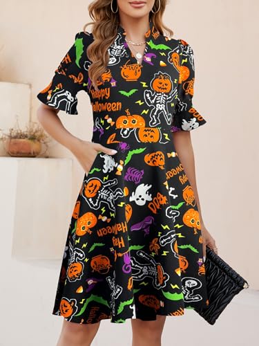 Image of Mokayee Womens Summer V Neck Ruffle Short Sleeve Fit and Flare Knee Length Church Wedding Guest Dresses with Pockets