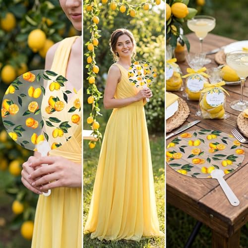 Image of Geelin 50 Pcs Lemon Pattern Fans Acrylic Baby Shower Handheld Favor Fans for Guests Summer Fruit Baby Shower Wedding Bridesmaid Gift for Hot Outdoor Ceremony