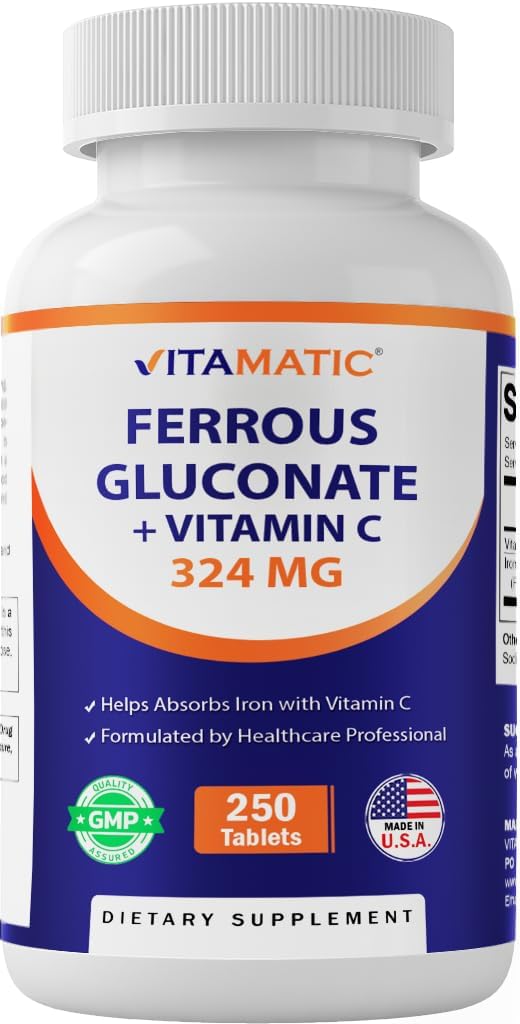 Vitamatic Ferrous Gluconate 324 mg + Vitamin C 100 mg – No Artificial Color Additives – Gentle on Stomach – 250 Coated Tablets – Made in USA