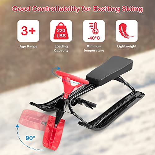 Costzon Snow Racer Sled, Ski Sled With Steering Wheel & Twin Brakes, Durable Steel Frame, Great Weight Capacity Of 220 Lbs, Classic Downhill Steerable Sled For Kids Teenagers Adult (Red) #TOP1