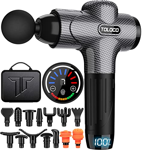 TOLOCO Massage Gun, Upgrade Deep Tissue Back Massager with 15 Replacement Heads, Percussion Massage Guns for Athletes for Pain Relief, Super Quiet Electric Massager for Treatment, Relax, Carbon