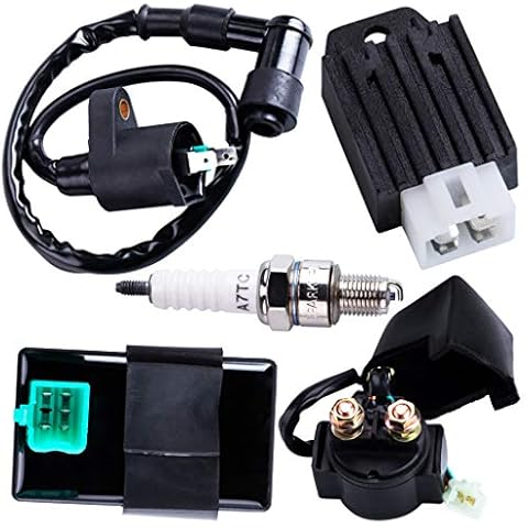 CNCMOTOK CDI Box Ignition Coil Solenoid Relay Voltage Regulator with Spark Plug Set of Five(5) for 50cc 70cc 90cc 110cc 125cc ATV Dirt Bike and Go Kart Cover