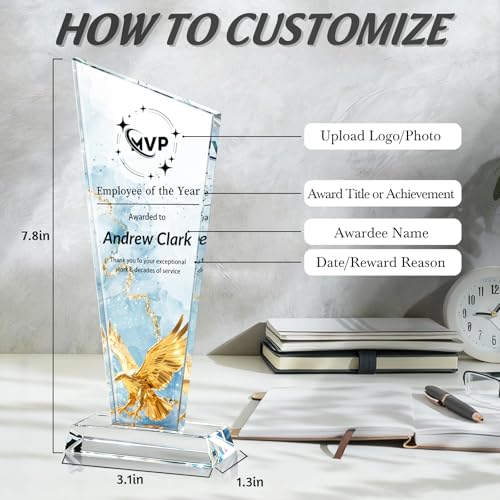 Image of Custom Crystal Trophy Award Personalized Plaque Award with Text Logo Photo Awards Trophies for Employee Recognition Team Graduation Personalized Office Gifts for Boss Coworker Teacher