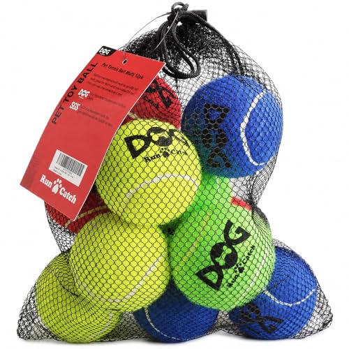 INSUM Tennis Balls for Dogs - 12 Pack 2.5'' Durable Non-Toxic Outdoor Dog Toys Balls with Mesh Bag, SGS Certified, Colorful Fetch Toys, Medium Large Breeds (Non Squeaky)