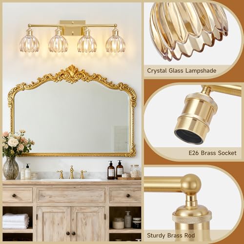 Image of Bathroom Light Fixtures Over Mirror, 27.2 in Vintage Bathroom Light Fixture 4 Light,Antique Brass Wall Sconce with Amber Tulip Glass Shade for Bedroom Living Room,Foyer,Hallway, E26 Base