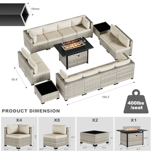 Image of Outdoor PE Wicker Rattan Modular Patio Sectional Sofa Set | 15-Piece: 12 Modular Seats, 2 Coffee Tables & 55,000 BTU Fire Pit Table, Ivory