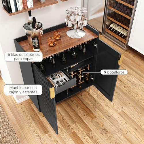 Miniatura 4 de Holtico Armario Para Vino Con 9 Estantes Para Botellas, Moderno Armario De Madera Para Bar Y Café, Perfecto Para Almacenamiento De Vino En Bar, Cocina, Comedor O Sala De Estar