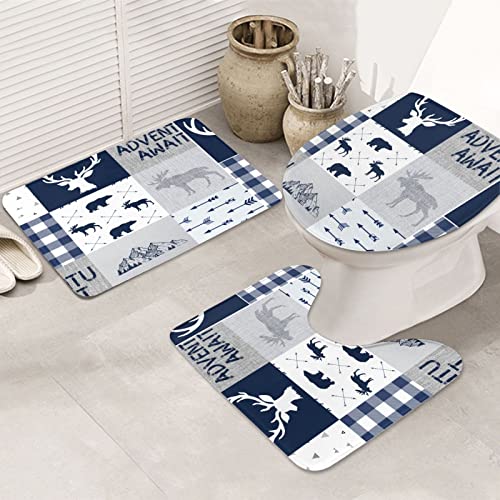 Jefuzh Rustic Plaid Shower Curtain Set Of 4 With Rug, Bear Deer Shower Curtain, Waterproof Shower Curtain Liner With 12 Hooks,Machine Washable(72 X 72 Inch, Blue Grid Wildlife Adventure For Men) #TOP2