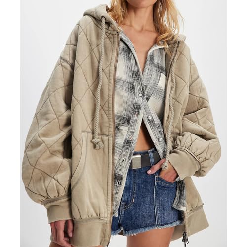Women Quilted Puffer Jacket Hooded Lightweight Long Sleeve Zip Up Winter Coat Oversized Outwear Warm Tops with Pocket3