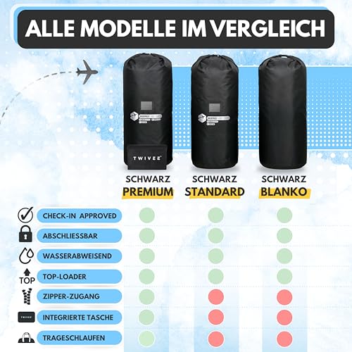 TWIVEE - 2 in 1 Rucksack Schutzhülle und Regenschutz - Flight Cover für Backpack - Flugzeug - Überzug in Flexibler Größe - 60 bis 110 Liter Volumen einstellbar (Schwarz Premium)