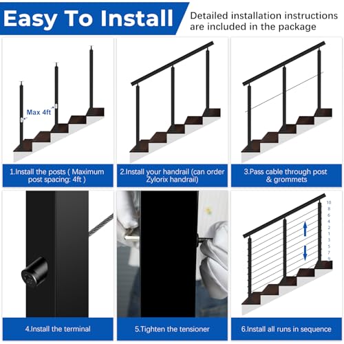 Zylorix 36\" Expandable 12-16FT Black T304 Cable Railing Post Kit, Complete Cable Railing System with 4 Stair Posts, 177ft 1/8\" Wire Rope(No Handrail), Adjustable Length Easy DIY for 25-35°Stairway - Thumbnail 6
