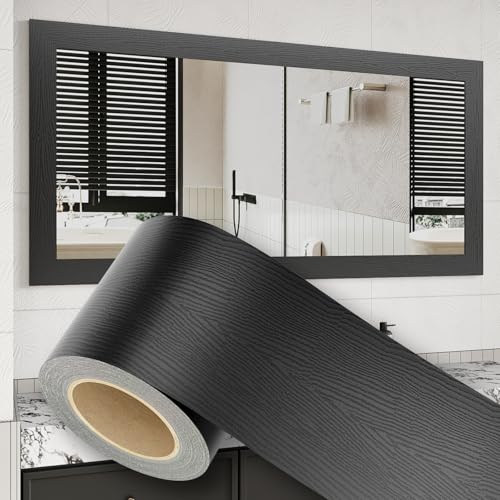 ZRJT 10M Peel and Stick Wallpaper Borders 390” x 4” Self Adhesive Mirror Frame Border Wood Grain DIY for Kitchen Bathroom Mirror Removal Border Sticker Wall Decor Cover 10.8 Sq.Ft, Black Wood