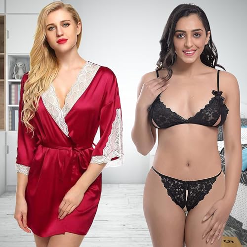 Image of Love Maker Soft Spandex Net Women Babydoll Honeymoon Nightwears Combo Small to 3XL