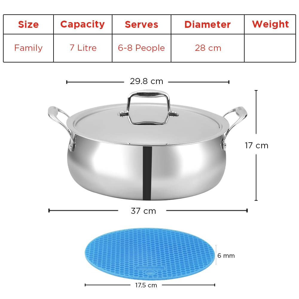 Vinod Platinum Chef’s Lagan Pot 28 cm - 7 Litre | Triply Stainless Steel Biryani Pot Heavy Bottom | Shallow Lagan Handi for Cooking Biryani | Healthy Triply Cookware, Induction Friendly, with Lid — Amazon image 8
