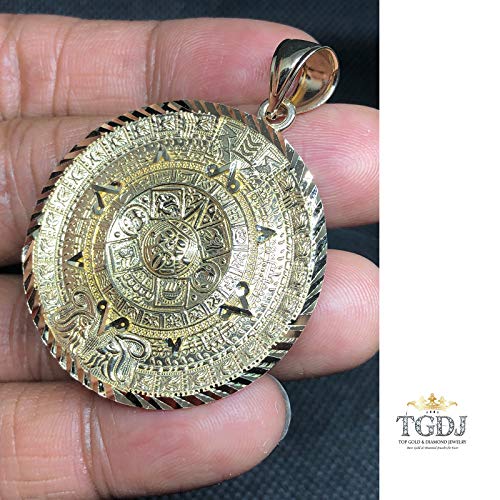 Tgdj 14K Yellow Gold Aztec Mayan Calendar Charm Pendant, 40X40 Mm Diamond-Cut Ornate, Handmade Spiritual Symbol, Gold Stamped Fine Jewelry, Great Gift For Men & Women (40Mm) #TOP1