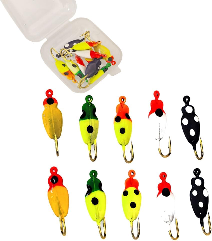 10pcs/Box Ice Fishing Jigs Glow Fishing Bait Jigging Kit for Winter Metal Hooks for Crappie, Panfish, Walleye, Bluegills and Other Species