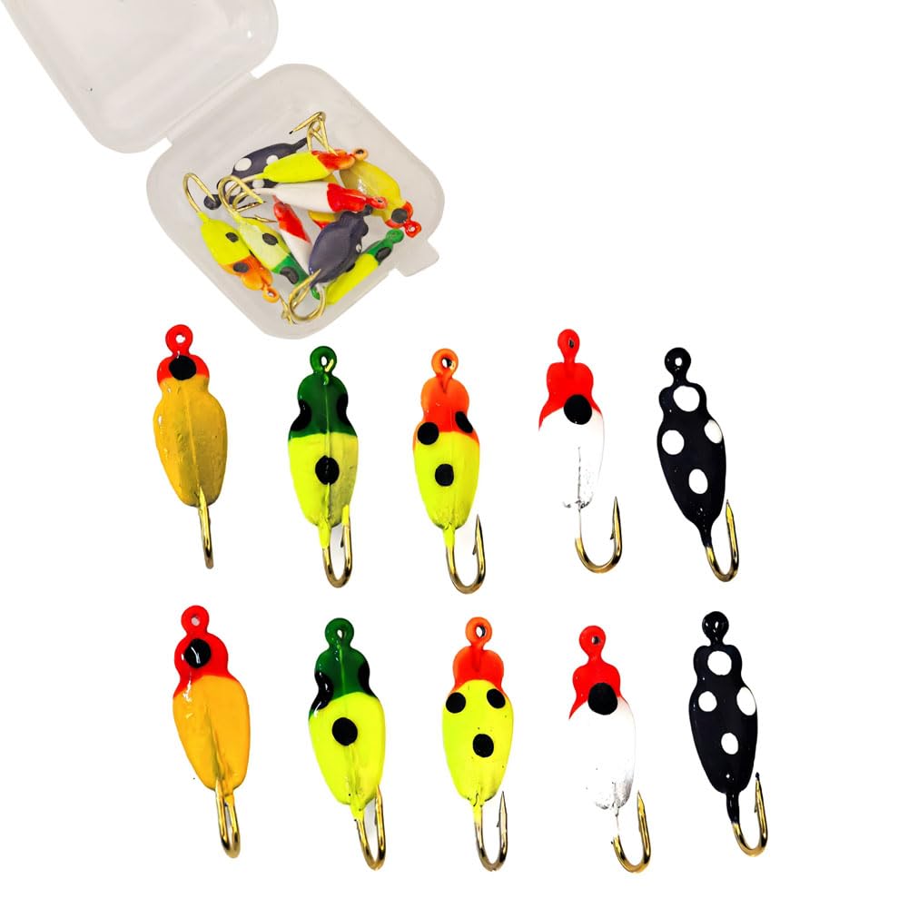 10pcs/Box Ice Fishing Jigs Glow Fishing Bait Jigging Kit for Winter Metal Hooks for Crappie, Panfish, Walleye, Bluegills and Other Species
