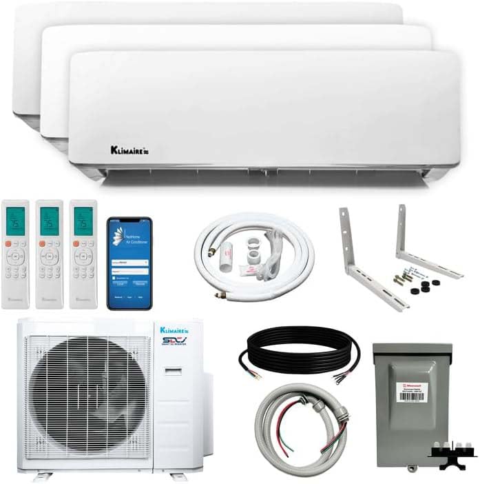 Klimaire 3-Zone 23.1 SEER2 Wall Mounted Ductless Mini-Split 36,000 BTU Heat Pump Air Conditioner with All-Inclusive Installation Kits (12,000 + 12,000 + 24,000 BTU)