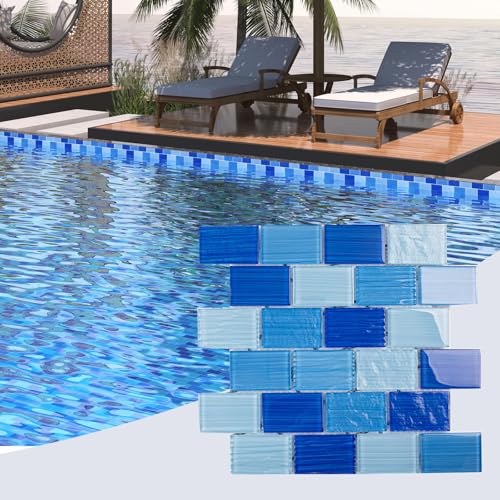 Lovdeco Glass Mosaic Tiles for Kitchen Backsplash, Swimming Pool Tiles, Bathroom Shower, Subway Glass Tile, Mixed Blue, 12 x12 Inches, 4.8 SQ.FT.