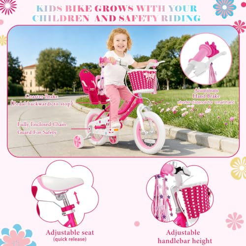 Image of Glaf Toddler Girls Bike for Age 2-12 Years Old | 12 14 16 20 Inch Kids Bike Girls Bicycle with Training Wheels,Basket,Doll Seat,Princess Style Kids Bicycle Gift