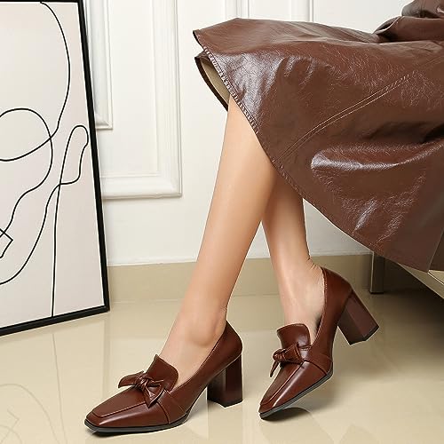 Women's Block Heel Slip on Loafer Square Toe Bow Pumps Elegant Bowknot Mary Jane4