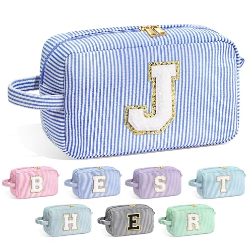 Image of YOOLIFE Initial Makeup Bag for Women - Monogram Cute Makeup Bags Cosmetic Case Toiletry Pouch for Women Her Best Friend Sister Teacher, Personalized Birthday Gifts for Women, Blue J
