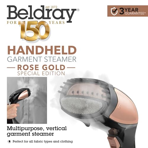 Beldray BEL01552RG-150 Handheld Clothes Steamer - Portable Vertical Garment Steamer, 1100W Wrinkle Remover, 180ml Detachable Water Tank, 30 Second Fast Heat Up, 2-In-1 Fabric & Lint Brush, Rose Gold