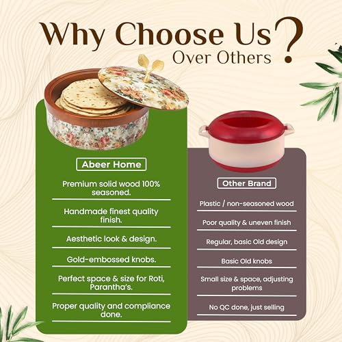 Image of Handcrafted Premium Wooden Roti Casserole, Roti box, Chapati Box, Hotpot roti box, Roti Dabba, Wooden Roti box with Gold Embossed Butterfly Knob(9x9x4 Inch)