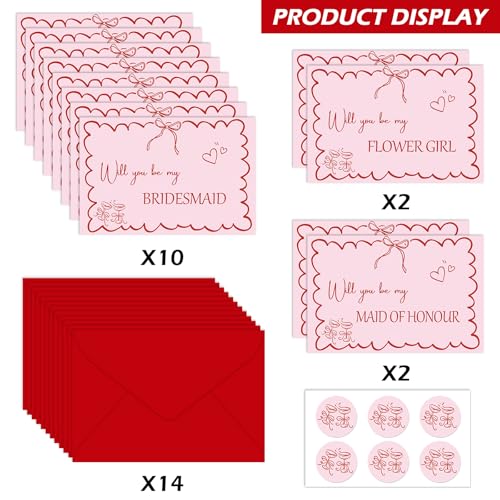 JarThenaAMCS 14 Pack Weeding Bridesmaid Proposal Cards with Envelopes Stickers Invitation Cards Pink Will You Be My Bridesmaid Blank Invites for Wedding Party Supplies, 4 x 6 Inch - Thumbnail 3