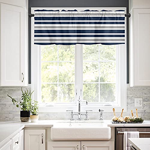 Litter Star Navy Blue Gray And White Stripe Window Valance Rod Pocket Panel For Kitchen Bedroom Windows Nautical Striped Valances Short Curtain Bathroom Treatment Drapes 54X18In #TOP1