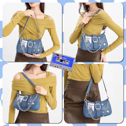 Image of PALAY Shoulder Bag for Women Girls Small Canvas Handbag with Chain Charm Hobo Bag Stylishly Sweet Y2K Star Patchwork Letter Printed Handbag Casual Small Shoulder Bag