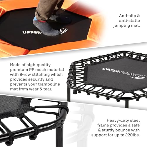 Image of Upper bounce Mini Workout Trampoline Adjustable tshaped handrail - Hexagonal rebounder Kids & Adults - Fitness Trampoline Equipment Supports up 220lbs. (Orange, 50 Inches)