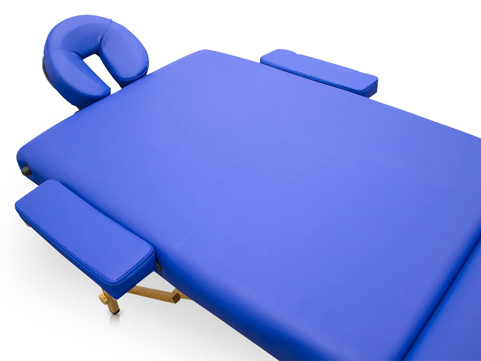 QUIRUMED Lettino pieghevole in legno Pro, 194 x 70 cm, con schienale ribaltabile, colore blu, ecopelle, foro viso, testa rimovibile, altezza regolabile, fino a 150 kg