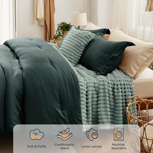 Image of Bedsure Comforter Full Size 5 Pieces - Full Size Comforter Set with Fleece Throw Blanket and Decorative Pillow, Lightweiget Bedding Comforter Sets, All Season Bedding Sets, Emerald Green