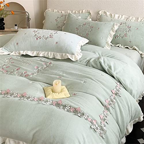 Gretd Winter Milk Velvet Four-Piece Set Warm Double-Sided Velvet Thickened Velvet Lace Girly Heart Cream Green (Color : D, Size : 220 * 240Cm) #TOP6