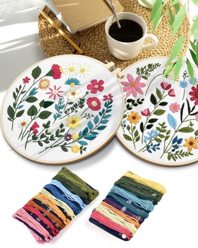 Image of TINDTOP Embroidery Kit for Adult, Owl Embroidery Kit for Beginners Include Embroidery Cloth Hoops Threads for Craft Lover Hand Stitch with Embroidery Skill Techniques (Florals) | 2 Pack Include Embroidery Cloth Hoops Threads for Craft Lover Hand Stitch with Embroidery Skill Techniques