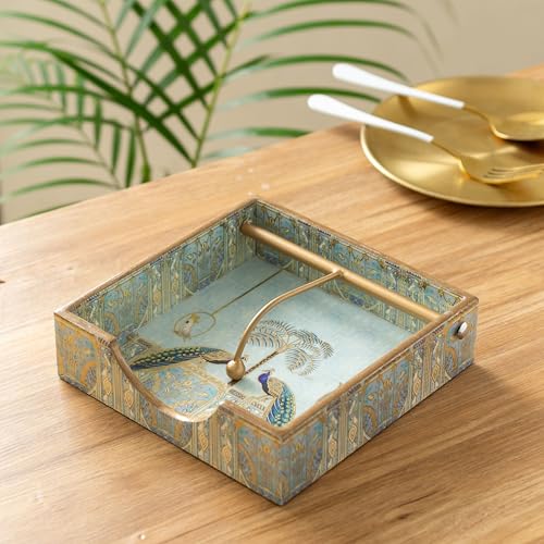 Image of Wooden Napkin Holder with Gold Engraving | Pack of 1 | Size : 7.5 x 7.5 inch | Enamel Coated Waterproof | Tissue Holder for Dining Table | (Blue Peacock Napkin Holder)