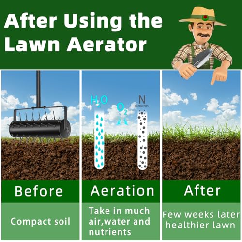 22\" Lawn Aerator Tool Manual Lawn Aerators Rolling Lawn Aerator Manual Aeration Tool Soil Aerator Roller with 55\" Stainless Steel Handle and Handle Cover for Garden Patio Manual Lawn Aerator Black - Thumbnail 3