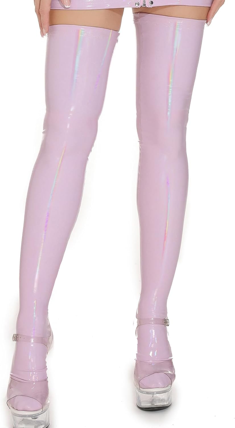 SEAUR Women's Patent Leather Thigh High Stockings Shiny Glossy Wet Look Socks Over Knee Long Socks for Party Club Cosplay