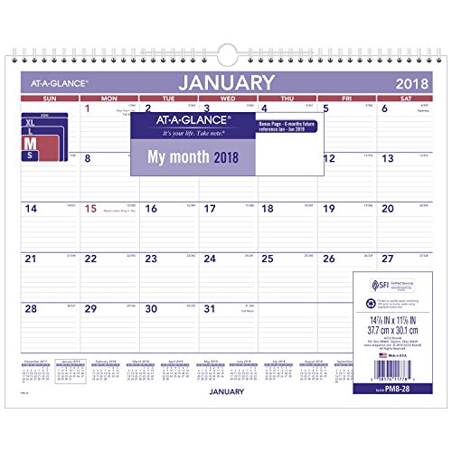 AT-A-GLANCE 2018 Monthly Wall Calendar, January 2018 - December 2018, 14-7/8