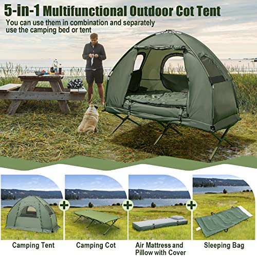 Goplus Camping Tent Cot, 5-In-1 Folding Camping Bed With Awning, Air Mattress, Sleeping Bag, Bedspread, Off Ground Elevated 1-2 Person Cot Tent With Carrying Bag, Air Pump For Camping Picnic Outdoor #TOP1