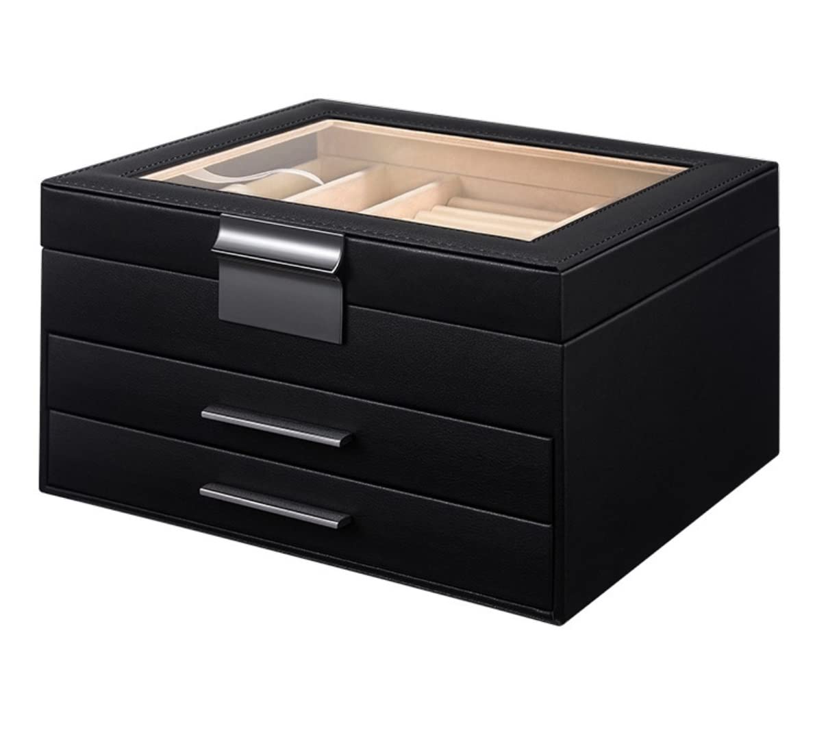 TIANQIHAO Jewelry Box Large Jewelry Box Organizer Drawer Mirror For Women Pu Leather Storage Case For Earring Ring Necklace Bracelet Watch Jewellry Holder,Black-23.1 * 20.1 * 13.2cm