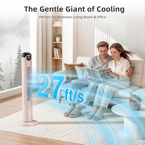 Image of Antarctic Star T42 Tower Fan-42 Inch, Bladeless Oscillating Fan with Remote, 6 Speeds & 4 Modes, LED Display, 9H Timer, Quiet Floor Standing Fan for Bedroom Living Room Office, Pink