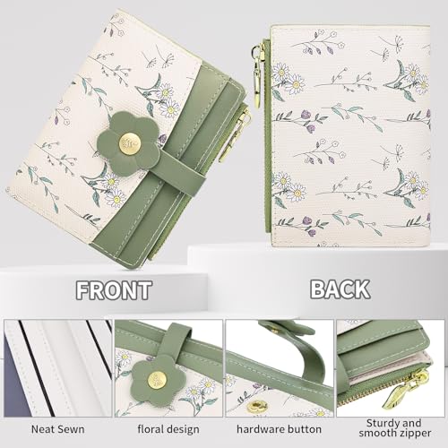 Image of Farcauo Small Floral Womens Wallet Cute Wallets for Women Thin Green Women's Wallet Kawaii Flower Card Wallets for Women Ladies