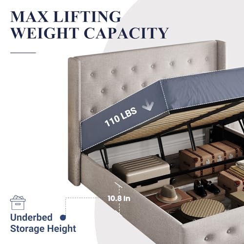Allewie Queen Size Lift Up Storage Bed, Button Tufted Headboard with Wingback, Hydraulic Support, No Box Spring Needed, Light Beige