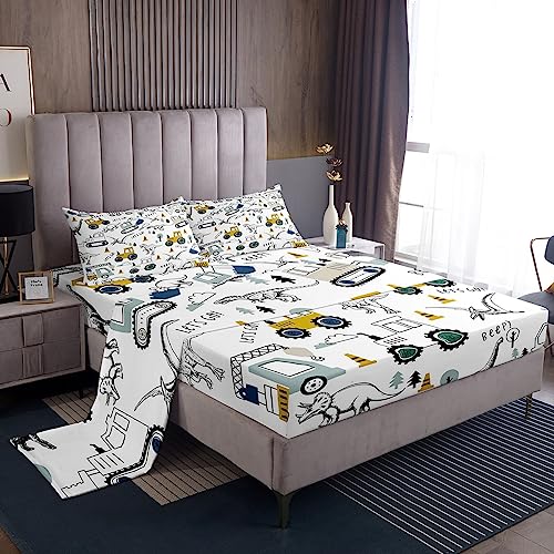 Construction Sheet Set Queen Size Cartoon Car Excavator Tractor Toddler Sheets With Deep Pocket Fitted Sheet Equipment Trucks Dinosaur Bed Sheets Set Construction Vehicles White Yellow Bedding Set