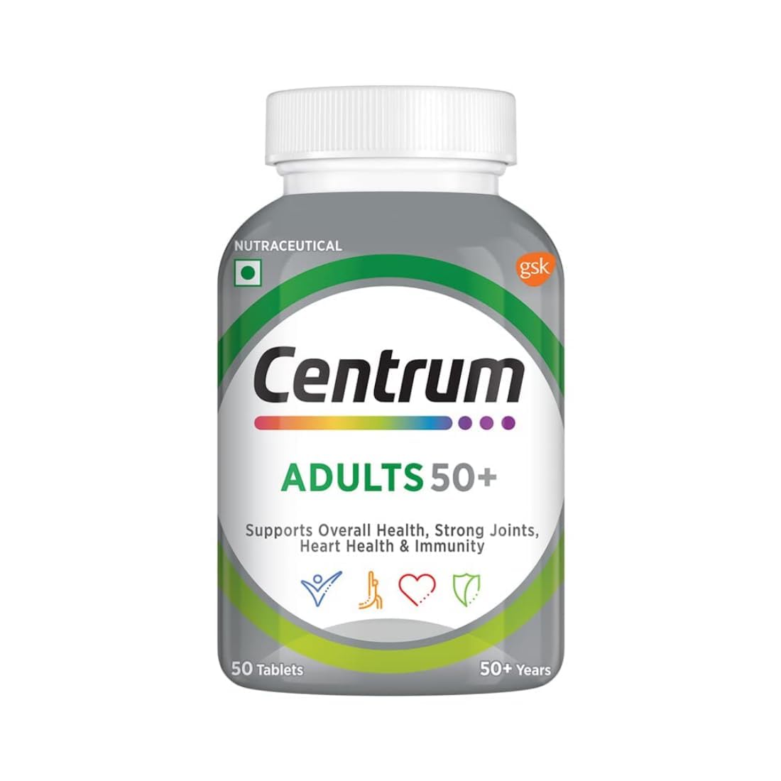 Cent.Rum Adult 50+, World's No.1 Multivitamin with Calcium, Vitamin D3 & 21 Other Nutrients for Overall Health, Strong Joints & Heart Health (Veg) 50 Tablets
